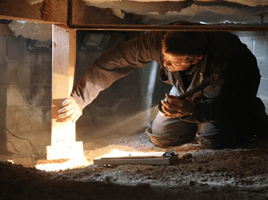 A professional inspecting wooden beams under the floor of a structure in Louisville, KY